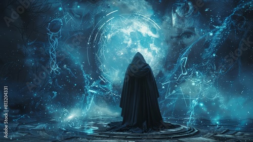 A mysterious cloaked figure performs a magical ritual under the moonlight, surrounded by swirling mystic symbols, emphasizing the power of magic, isolated on white