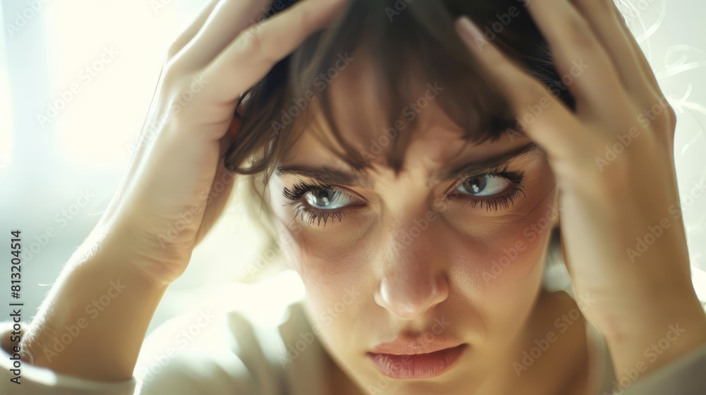 Naklejka premium A stressed woman deeply engaged in job analysis, showing a serious expression and frustration, with a soft bokeh effect, isolated on white