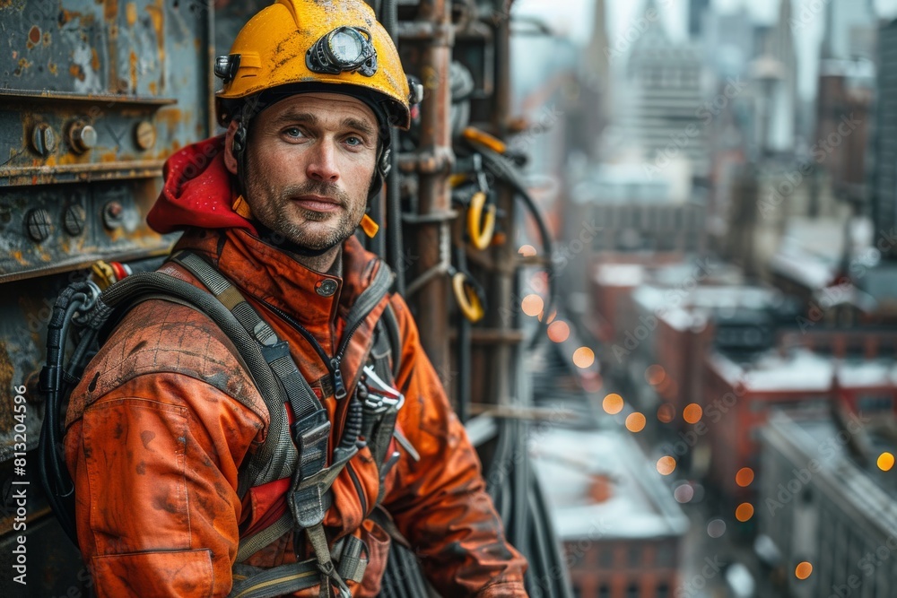 Close-up of a focused construction worker, with detailed protective gear, looking at the camera on a site Close-up of a focused construction worker, with detailed protective gear, looking at the camera on a site