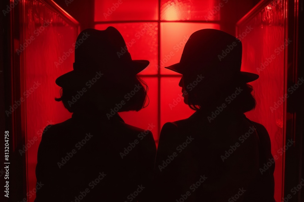 a shadowy two women figures wearing a fedora hat in dark red lighting.