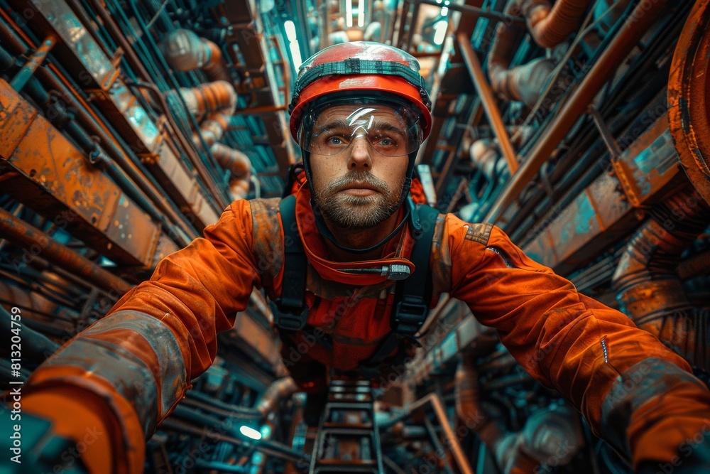 A worker in safety gear reaches towards the camera, surrounded by industrial infrastructure