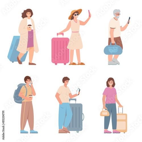 Set of Traveling people with suitcases and bags. Traveler characters waiting for transport. Departing passengers. Vector illustrations isolated on white background.
