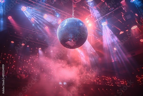 An illuminated disco ball casts bright reflections in a club setting filled with pinkish haze and festive lights