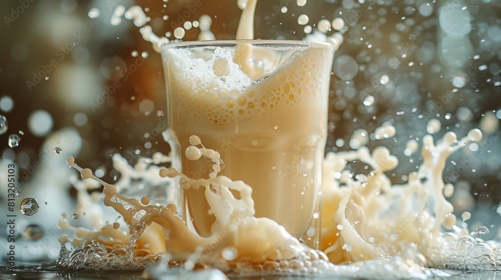 macro milk photography, close-up shot capturing fresh milk poured into a glass, showing the splash and bubbles forming macro milk photography, close-up shot capturing fresh milk poured into a glass, showing the splash and bubbles forming