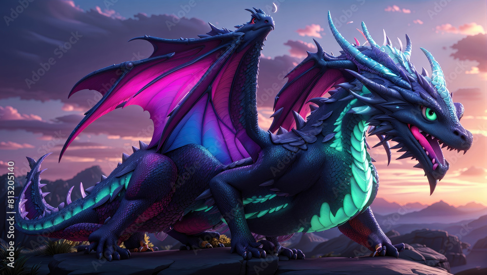 fantastic scene of a futuristic dragon with large spread wings on top of a hill at sunset fantastic scene of a futuristic dragon with large spread wings on top of a hill at sunset