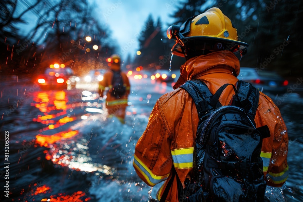 A focused firefighter, suited up and facing a heavy downpour, with emergency lights reflecting in the wet surface