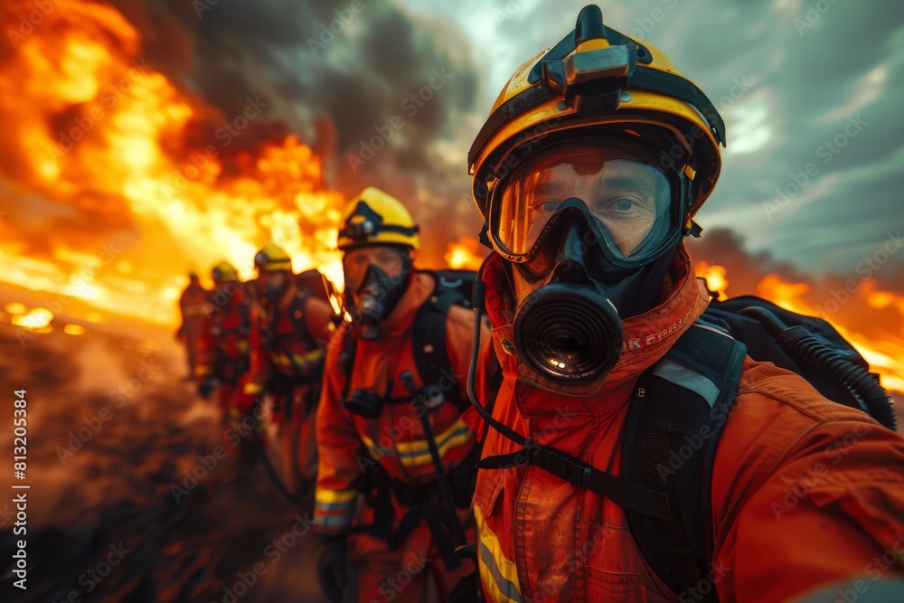 A team of firefighters approach a massive wildfire, demonstrating teamwork and courage in the face of danger