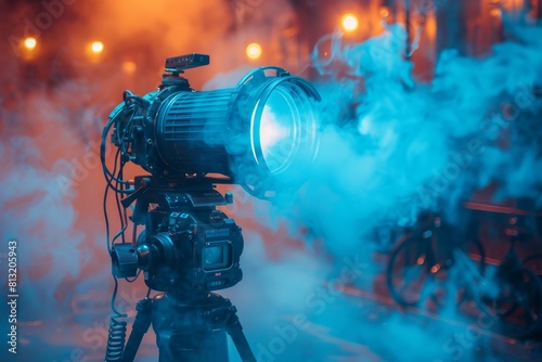 A professional camera equipped with a large lens captures attention against a dramatic blue smoke-filled background © Larisa AI
