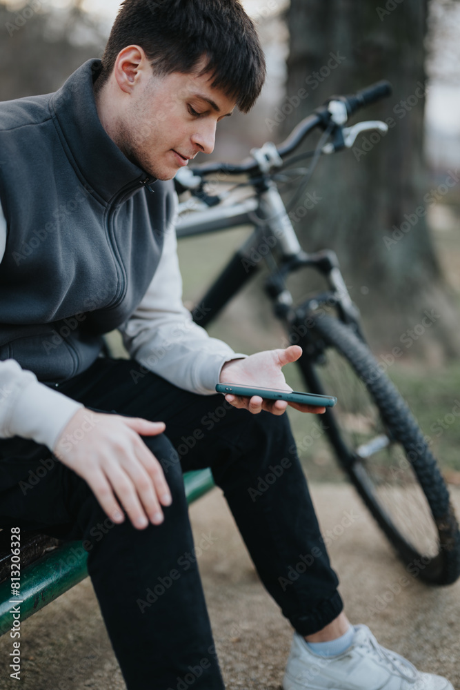 Young male teenager sitting on a bench in the park, checking his smart phone with a bicycle in the background. Young male teenager sitting on a bench in the park, checking his smart phone with a bicycle in the background.
