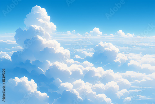 The blue sky is full of white clouds, with the sun shining on them and illuminating everything below, the sea of clouds stretches for kilometers.