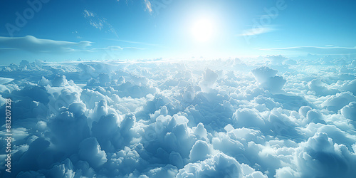 The blue sky is full of white clouds, with the sun shining on them and illuminating everything below, the sea of clouds stretches for kilometers.