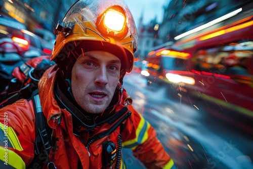 Firefighter in focus with vivid motion blur of city lights in the background, symbolizing speed