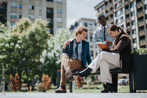 Three business professionals collaborate outdoors with a tablet, blending modern business techniques with a refreshing natural environment.