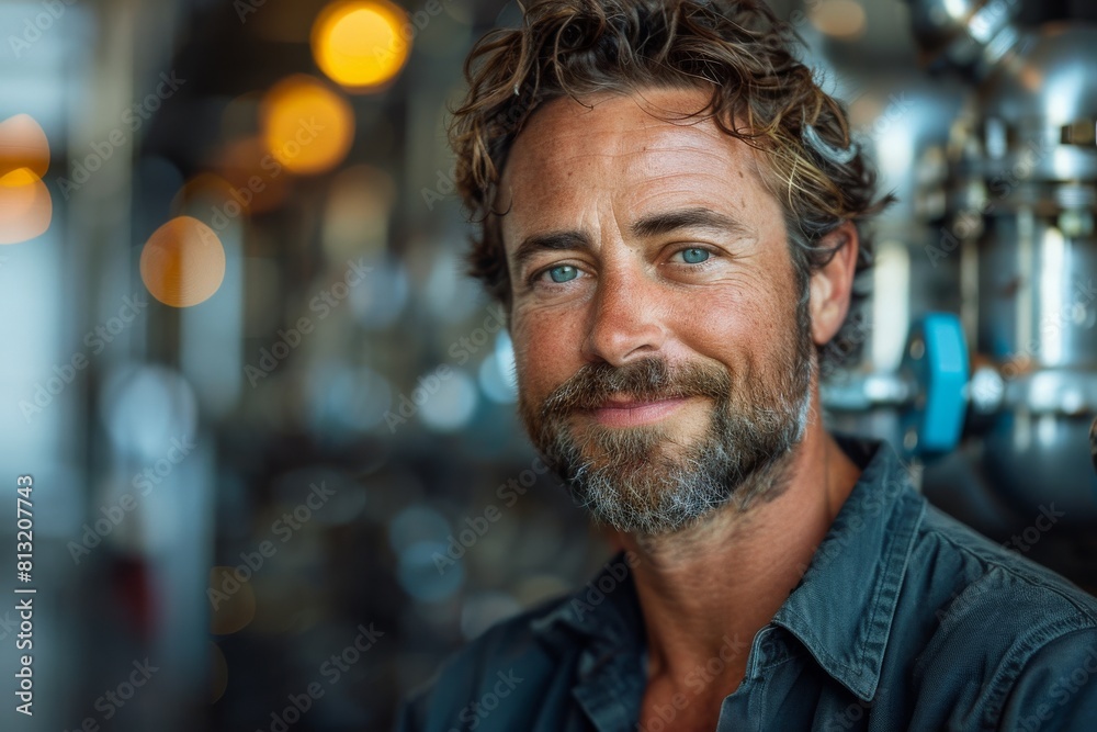 Confident middle-aged man with a beard smiling in front of industrial equipment Confident middle-aged man with a beard smiling in front of industrial equipment