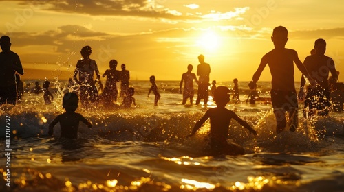 Silhouetted scene of golden sunset sky at crowded beach which people and family play and swim together.