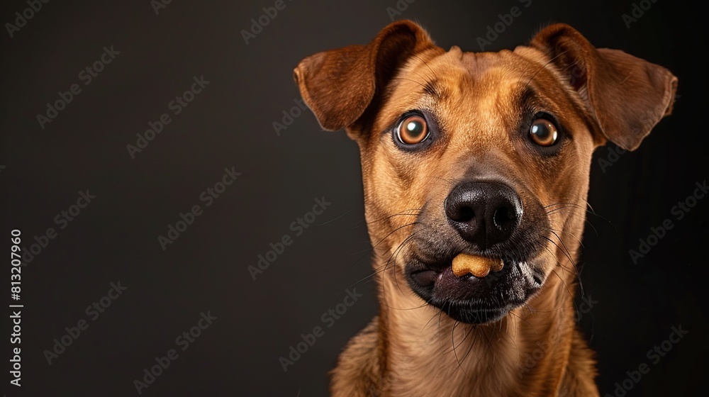 dog waiting and catching a treat in studio, against dark background. Generative Ai dog waiting and catching a treat in studio, against dark background. Generative Ai
