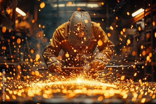 A blacksmith in full protective gear forges metal among showers of sparks in his atmospheric workshop