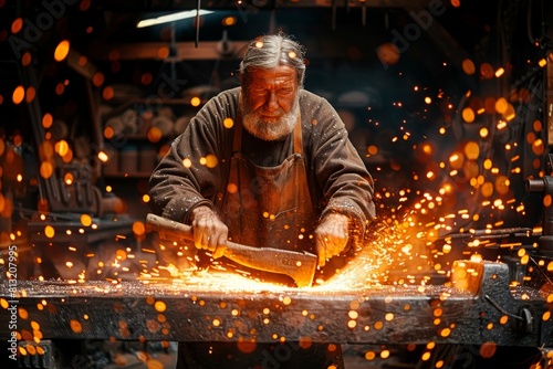 An artisan blacksmith forging molten metal, creating sparks in a dark workshop