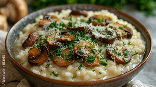 gourmet risotto dish, indulge in a savory mushroom risotto sprinkled with parmesan cheese and parsley, a dish so delicious youll want more photo