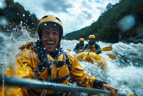 Close-up image capturing the excitement and energy of people white water rafting with gushing water © Larisa AI