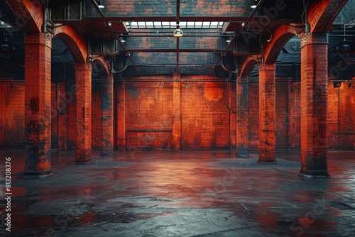 A spacious empty interior of an industrial red brick warehouse with structural columns reflecting red hues