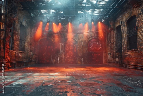 A mysterious and atmospheric warehouse with red foggy lights creating a dramatic scene among brick pillars photo