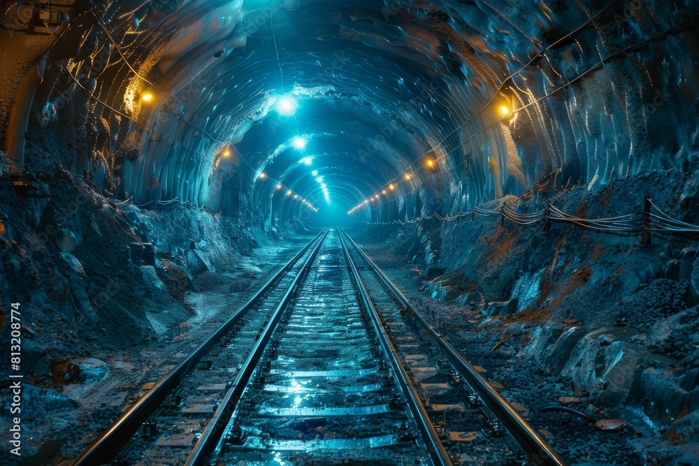 A railway track runs through a vividly lit tunnel with blue overhead lights creating a futuristic atmosphere A railway track runs through a vividly lit tunnel with blue overhead lights creating a futuristic atmosphere