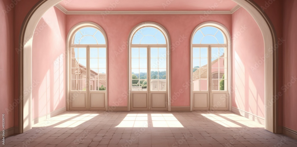 room with pink walls arched window and sunlight in it