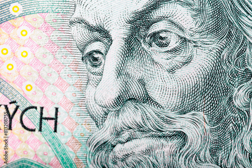 Close-up of the portrait on the Czech crown banknote. Czech money as economic background with copy space photo