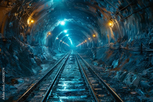 A railway track runs through a vividly lit tunnel with blue overhead lights creating a futuristic atmosphere