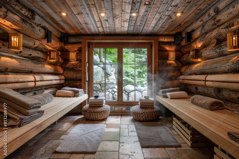 A traditional wooden sauna with log walls, benches, and neatly stacked towels, exuding relaxation and tranquility A traditional wooden sauna with log walls, benches, and neatly stacked towels, exuding relaxation and tranquility