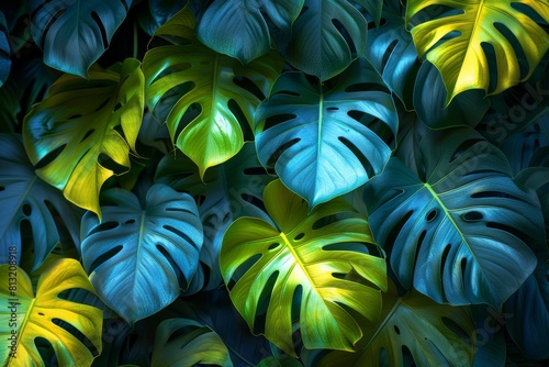 This stunning image showcases lush monstera leaves with a luminous blue and green glow, ideal for nature themes