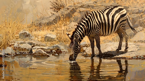 Zebra  equus quagga  drinking from a dam or water hole. Generative Ai