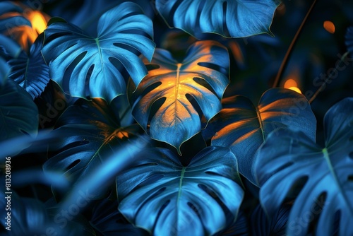 A close-up of lush, tropical leaves with a deep blue hue and contrasting shadow play offers a moody nature scene photo