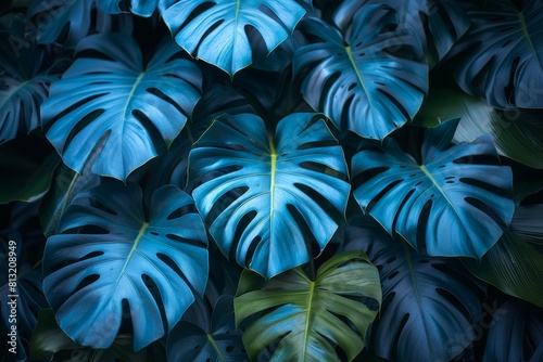 Vivid monstera leaves in a dark  rich blue tone with light and shadow creating a bold botanical pattern