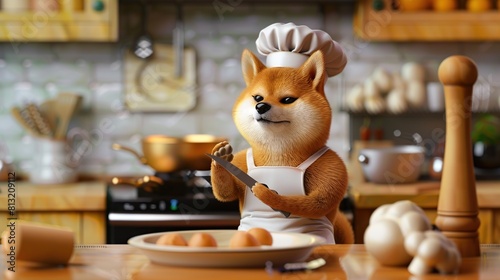 Cute Shiba Inu Dog Chef Holding Knife and Rolling Pin. Generative Ai