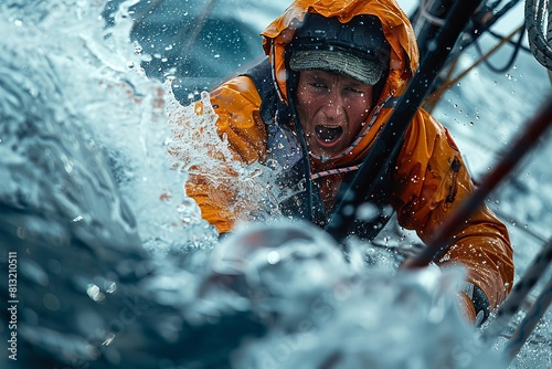 An intense image captured of a man in an orange raincoat fighting through a violent sea storm, water splashing around him, evoking danger, survival
