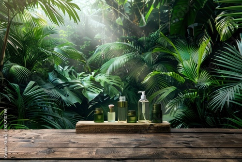 Jungle table background. Interior table for a cosmetic item against the backdrop of tropical plants  palms and jungle - generative ai