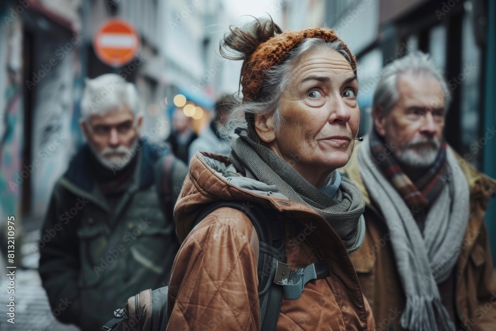 Portrait of senior couple walking in the city. Focus on woman