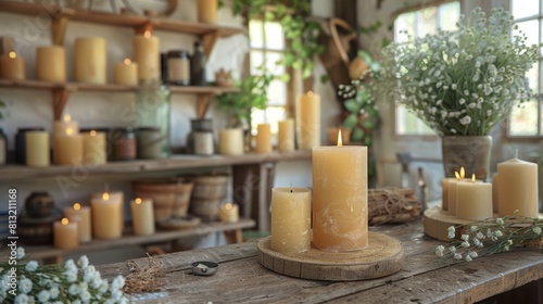 workshop theme featuring retro-designed soy candle making setup with wooden tools and molds perfect for a rustic candle-making experience