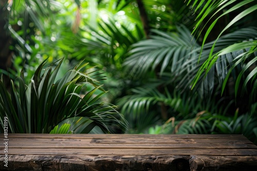 Jungle table background. Interior table for a cosmetic item against the backdrop of tropical plants  palms and jungle - generative ai