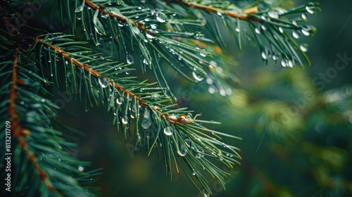 Water drops on the needles of the pine branch close up. Nature background.