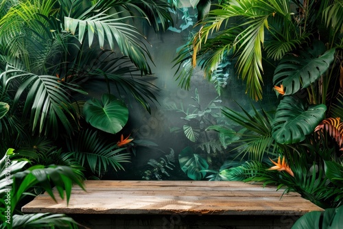 Jungle table background. Interior table for a cosmetic item against the backdrop of tropical plants  palms and jungle - generative ai