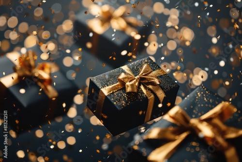 A decorative Christmas gift box featuring a golden bow and star-shaped ornaments, surrounded by colorful bokeh lights, adding to the festive atmosphere photo