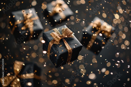 A decorative Christmas gift box featuring a golden bow and star-shaped ornaments, surrounded by colorful bokeh lights, adding to the festive atmosphere