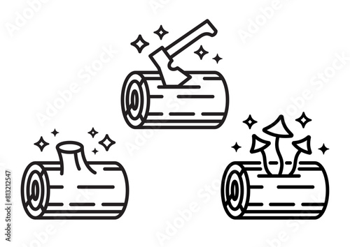 A set of badges with stumps, an axe and toadstools