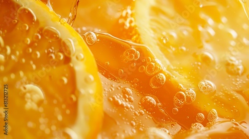 Close up of pouring orange juice on fresh fruit, macro shot