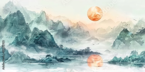 A traditional oriental painting featuring freehand ink brushwork, depicting the early spring sunrise over mountains, sky, and serene waters in light colors #813212935
