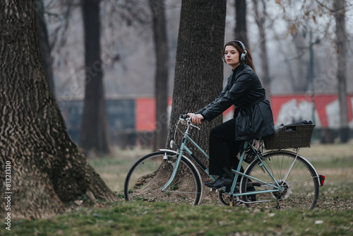 Stylish young businesswoman enjoying a peaceful ride in a park on a classic bicycle, embodying elegance and confidence
