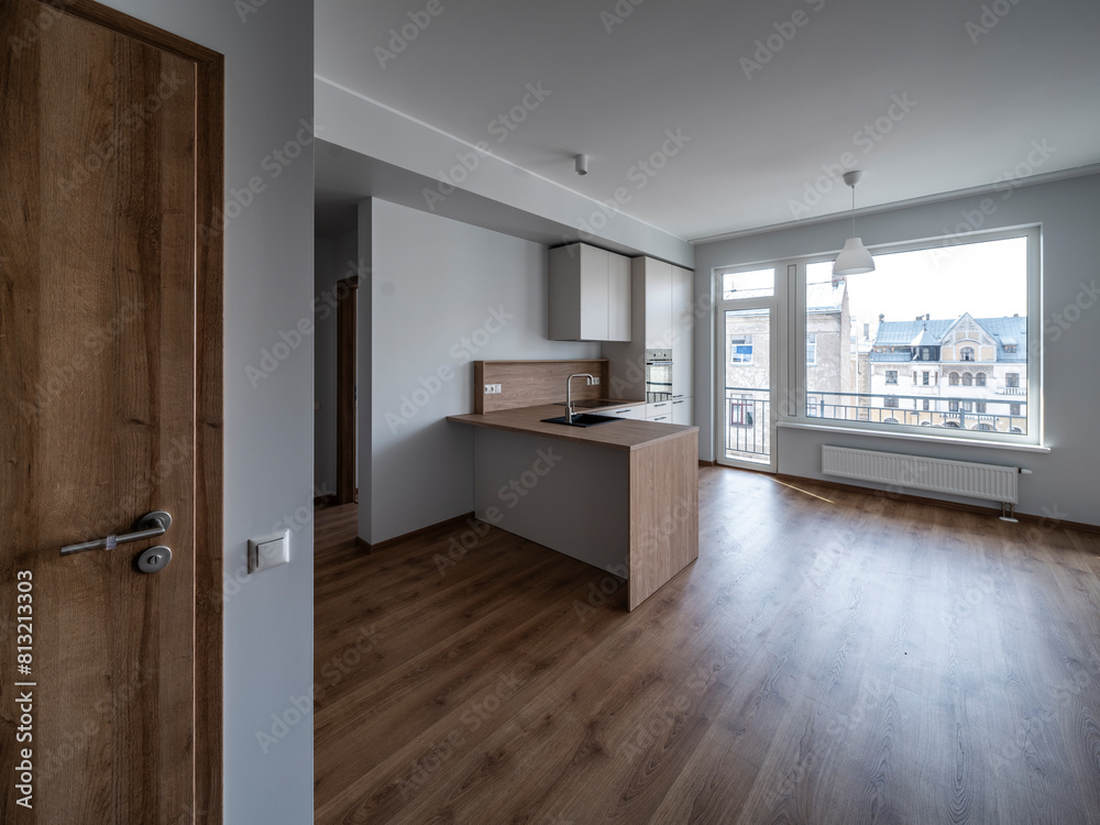 The interior of an apartment in a modern residential building in a European city. The interior of an apartment in a modern residential building in a European city.